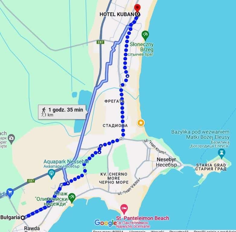 Mapa dojścia z centrum Słonecznego Brzegu do straganu na którym można kupić bułgarskie pomidory w Ravdzie prosto z krzaka od rolnika
