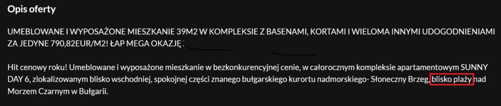 Opis taniej nieruchomości w Słonecznym Brzegu z portalu ILS