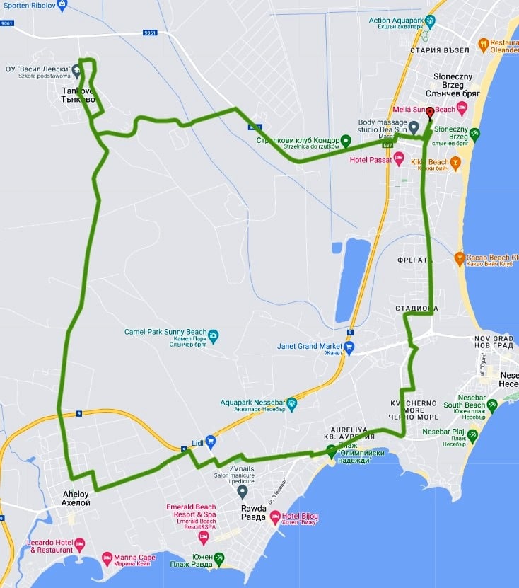 Pełna mapa trasy rowerowej pętli wokół Słonecznego Brzegu (23 km).