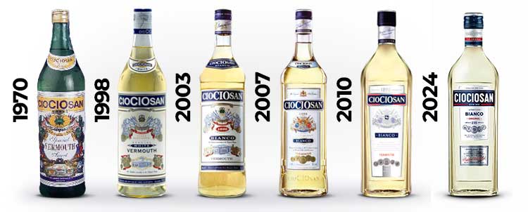 Ewolucja butelki bułgarskiego wermutu CioCioSan Bianco od lat 70. do dziś