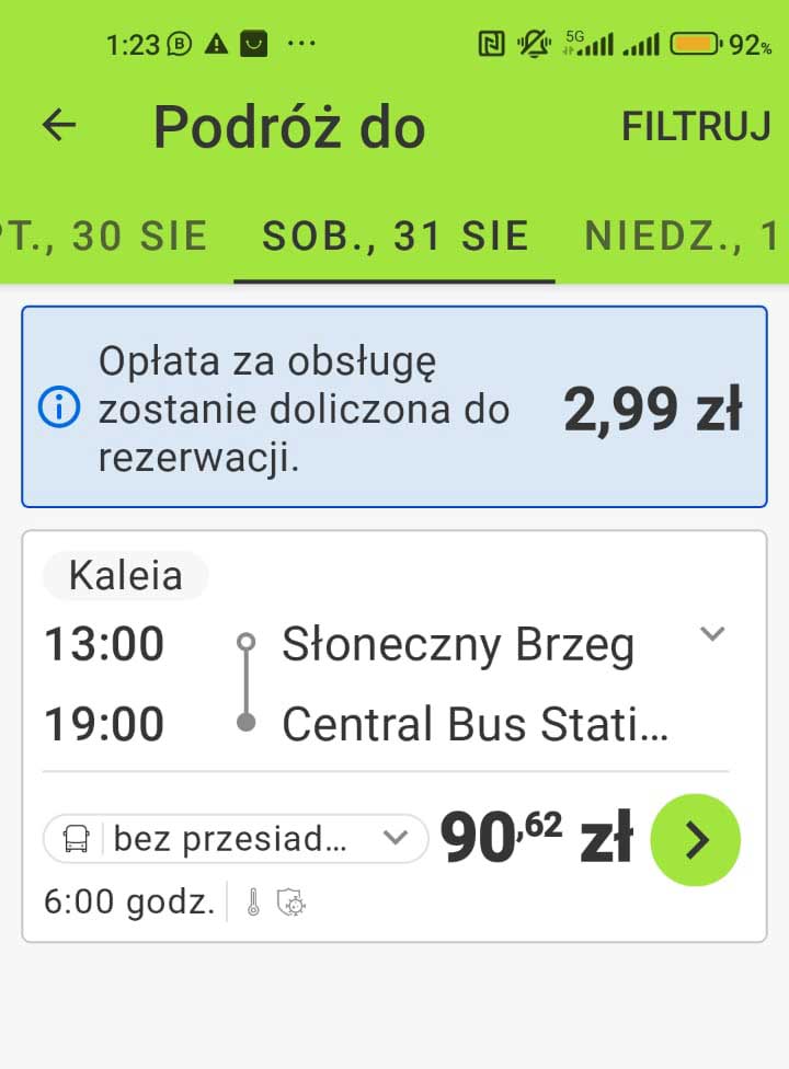 Obraz z aplikacji Flixbus prezentujacy połączenie autobusowe do Sofii