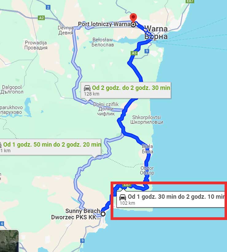 Mapa wariantów trasy z Słonecznego Brzegu na lotnisko w Warnie