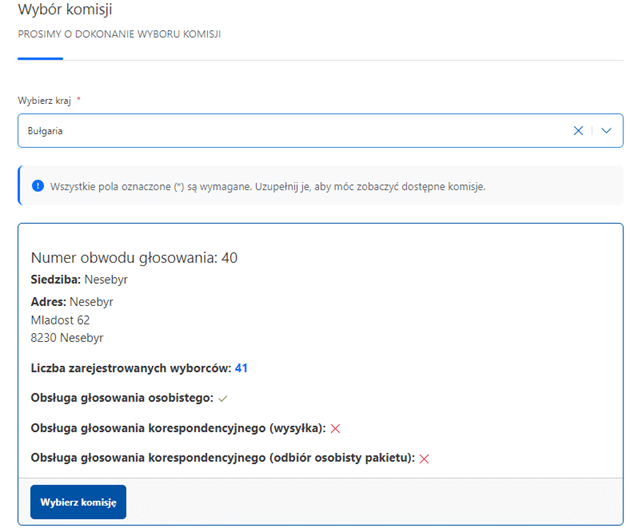 Ekran wyboru obwodu wyborczego w systemie ewybory.msz.gov.pl — Sofia lub Nesebyr, wybory 2025