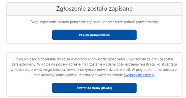 Ekran potwierdzenia rejestracji do głosowania za granicą — wybory prezydenckie 2025 Bułgaria
