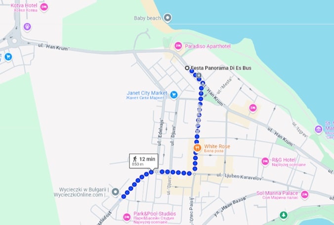 Mapa trasy z przystanku Festa Panorama do Konsulatu Honorowego RP w Nesebyrze — komisja wyborcza 2025