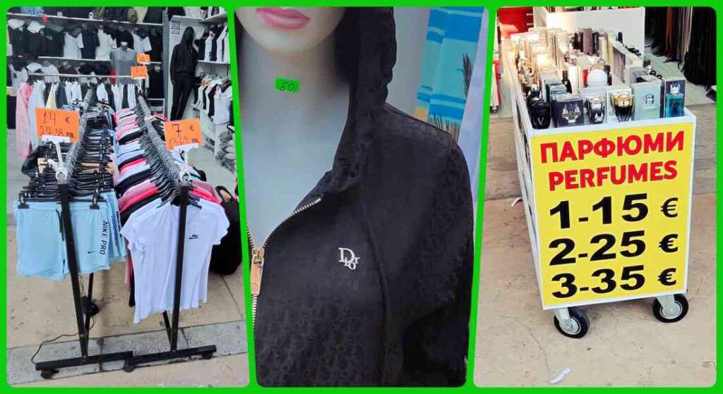 Deptak w Słonecznym Brzegu i stragany oferujące perfumy u podbródki odzieży.
