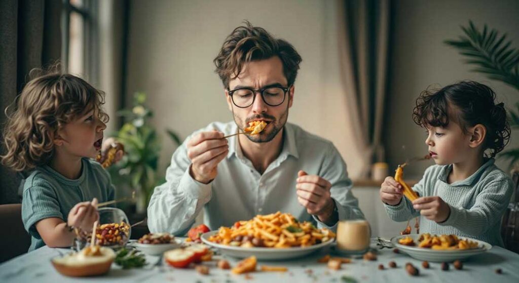 Rodzina przy stole jedząca posiłek w hotelowej restauracji w formule all inclusive