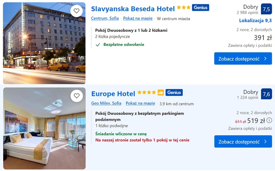 Porównanie cen hoteli w Sofii — trzygwiazdkowe i czterogwiazdkowe za dwa noclegi ze śniadaniem dla dwóch osób