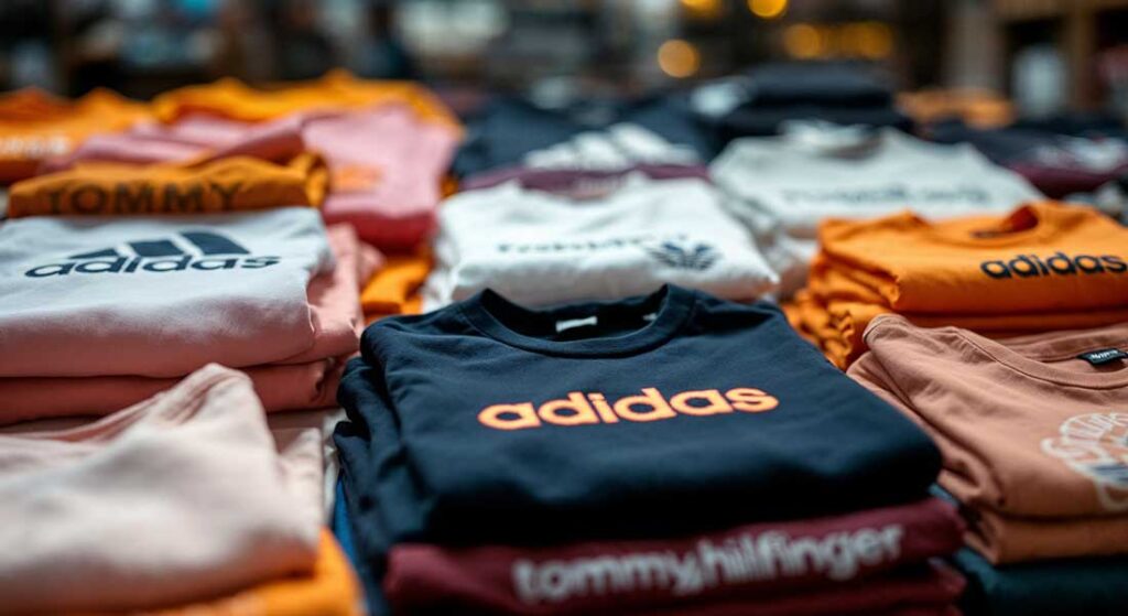 Stoisko z podróbkami markowych ubrań na deptaku w Słonecznym Brzegu — koszulki z logo Hugo Boss i Armani za kilka euro