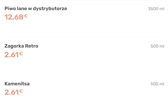 Fragment menu restauracji Zornica na Starym Mieście w Nesebarze - ceny piwa