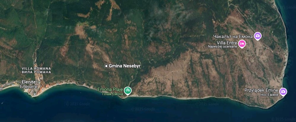 Mapa dojścia z Elenite do przylądka Emine